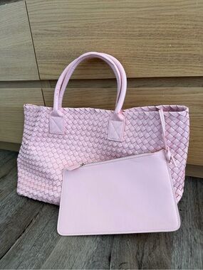 Goodnight Macaroon Large Woven Faux Leather Tote Bag with Matching Pouch